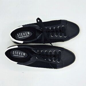 Steven Natural Comfort Napa Leather Sneaker Mesh Panels Black & White, 12